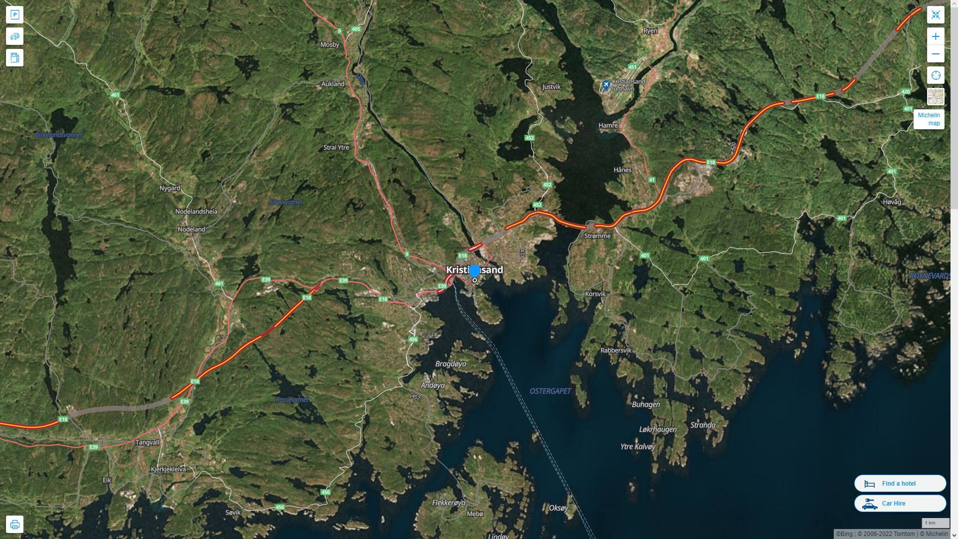 Kristiansand Highway and Road Map with Satellite View